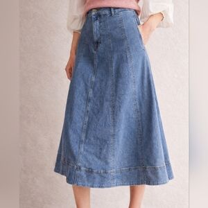 Boden Panelled Denim Midi Skirt A-Line Blue Hemp/Cotton Blend Size US 10
